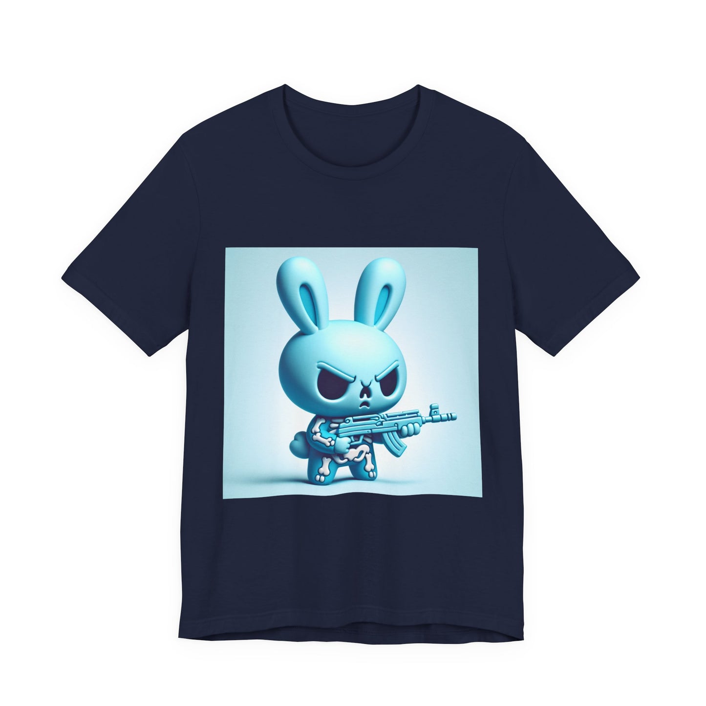 Angry Blue Bunny Tee — Cute Badass Cartoon Bunny with Rifle Graphic T-Shirt
