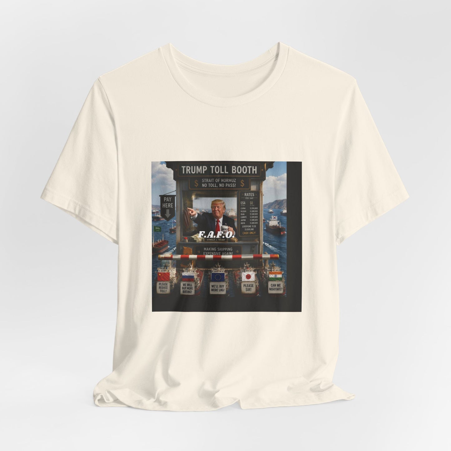 Trump Toll Booth Graphic Tee — Political Satire Short Sleeve Shirt