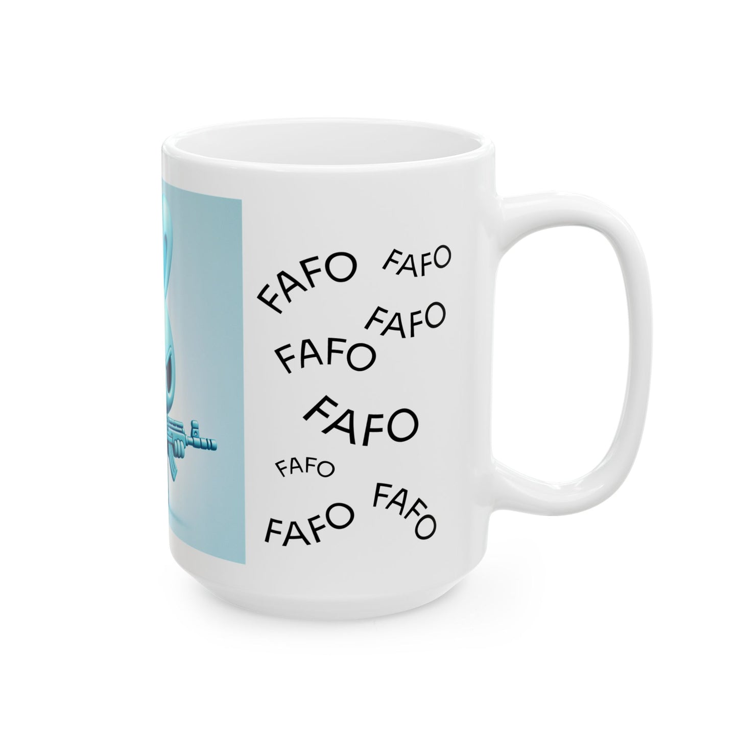 Angry Bunny with Rifle Ceramic Mug — 'FAFO' Repeating Pattern, 11oz & 15oz