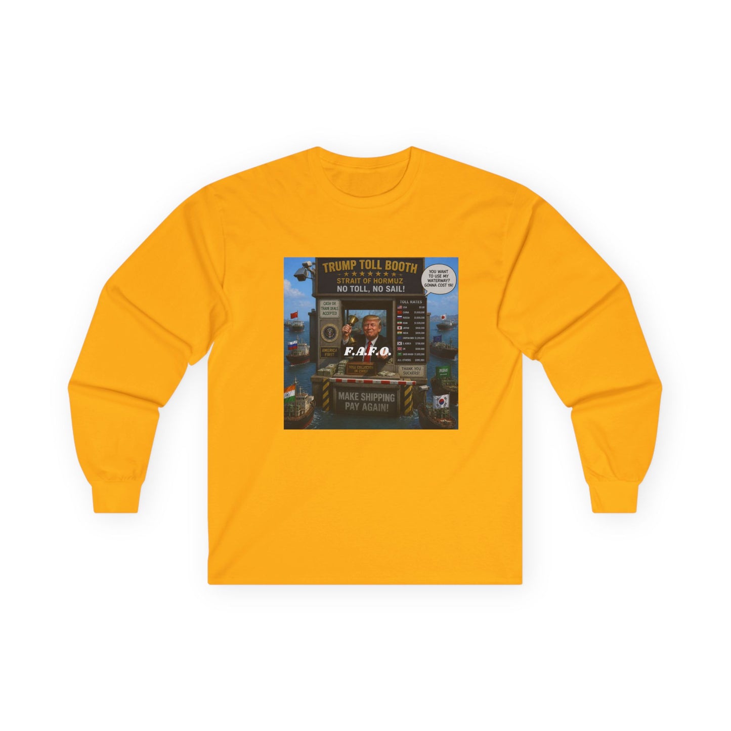 Long Sleeve Tee — Retro Arcade Collage "Trump Toll Booth" Design