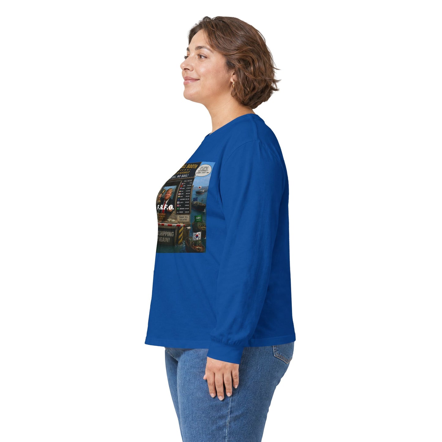 Long Sleeve Tee — Retro Arcade Collage "Trump Toll Booth" Design