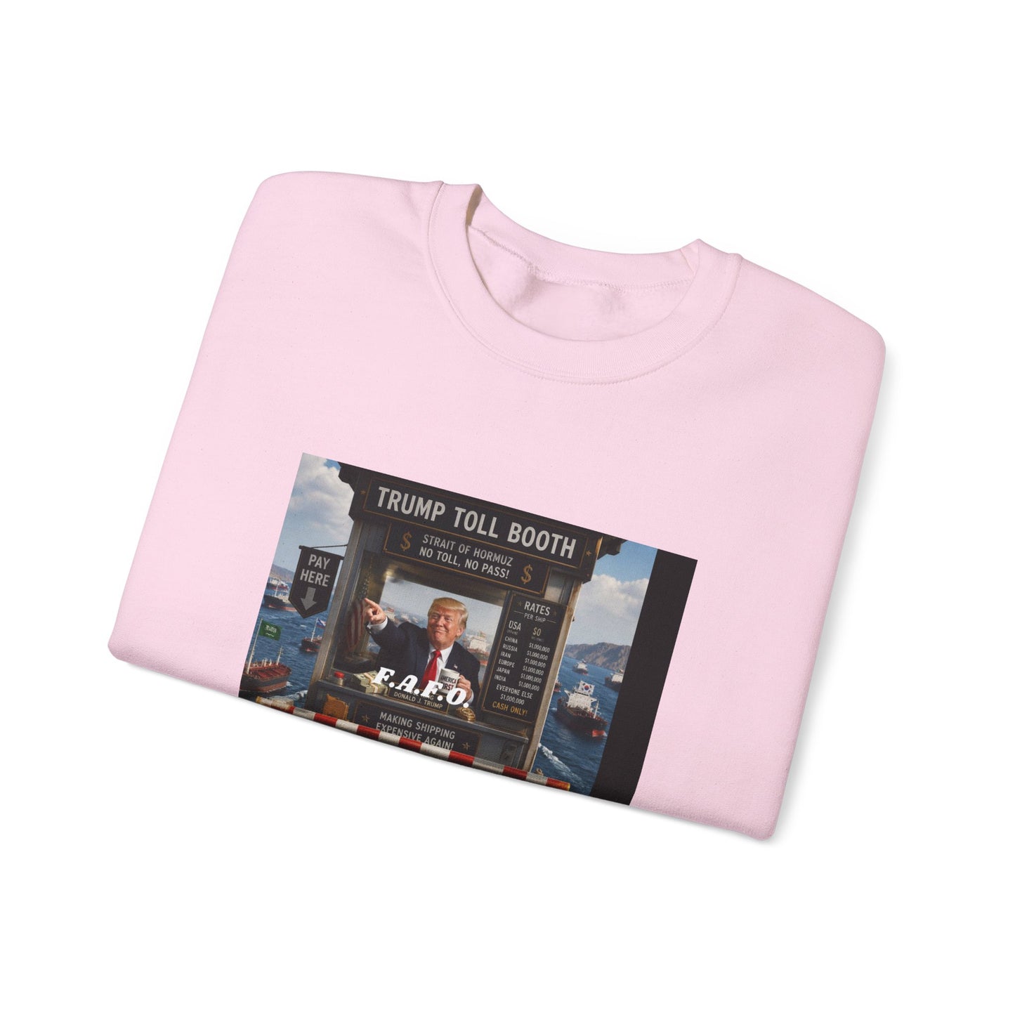Political Satire Crewneck Sweatshirt — 'Trump Toll Booth' Graphic