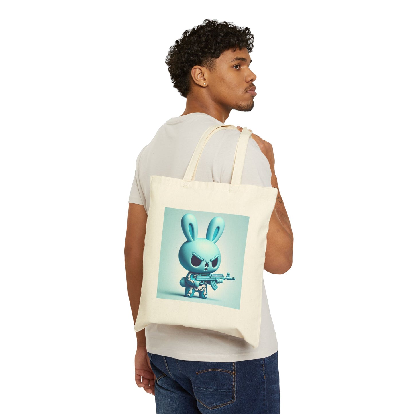 Canvas Tote Bag — Cute Angry Bunny Soldier Print | Trendy Reusable Grocery & Everyday Bag