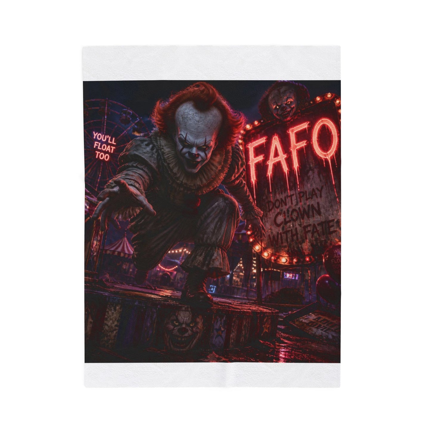 Horror Clown Velveteen Plush Blanket - "You'll Float Too" Creepy Carnival Throw