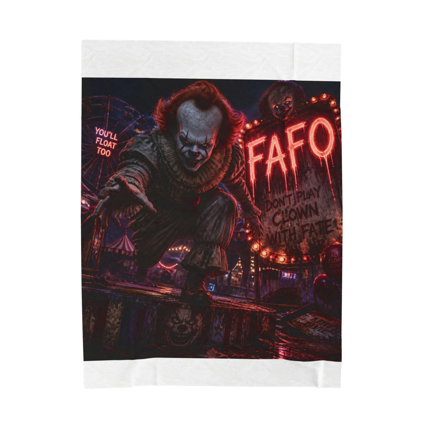 Horror Clown Velveteen Plush Blanket - "You'll Float Too" Creepy Carnival Throw