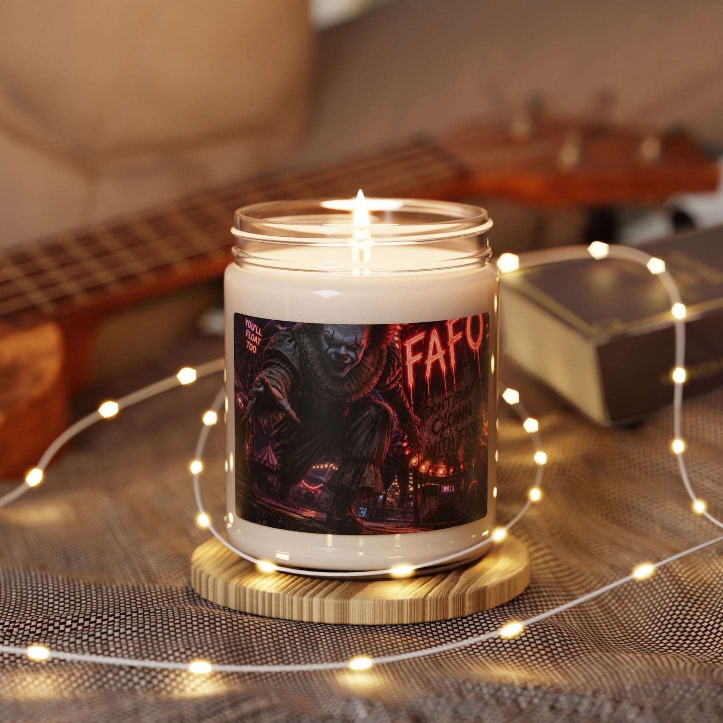 Horror Clown Soy Candle — 9oz Scented Jar (FAFO Neon Carnival Design)