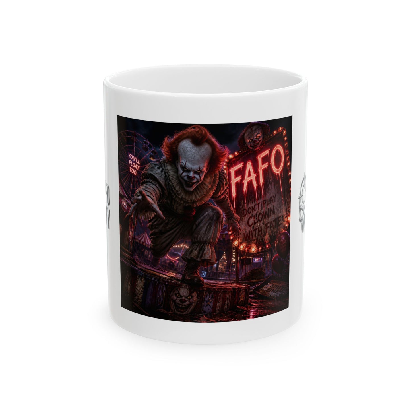 Horror Clown Ceramic Mug — 'FAFO' Creepy Carnival Coffee Cup (11oz/15oz)