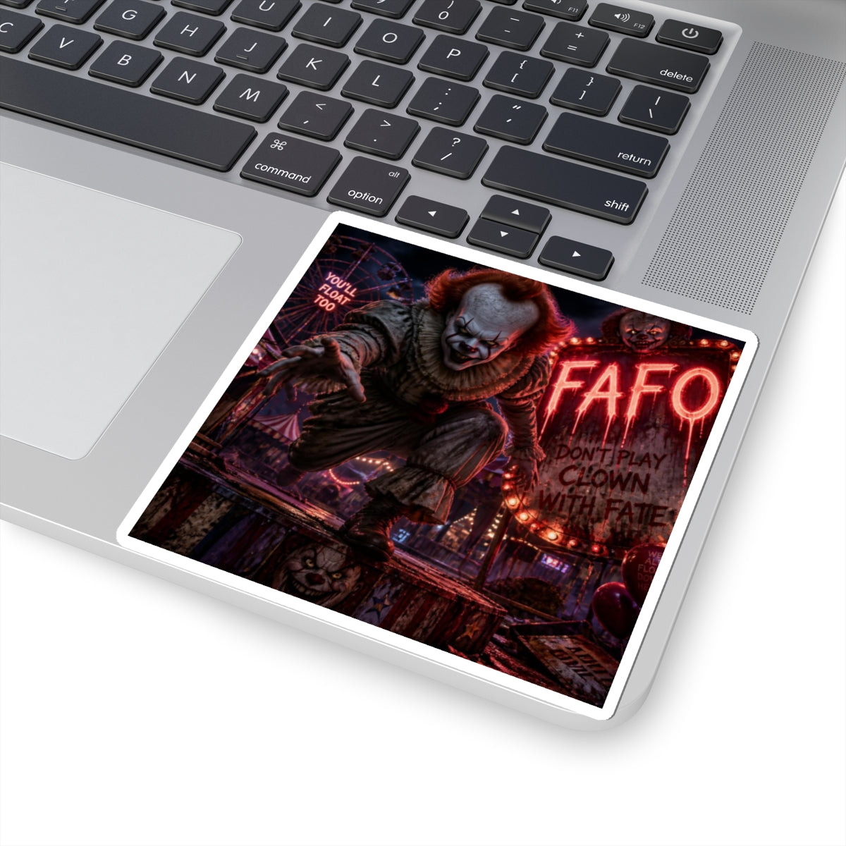 Horror Clown Kiss-Cut Sticker – 'You'll Float Too' Scary Carnival Decal