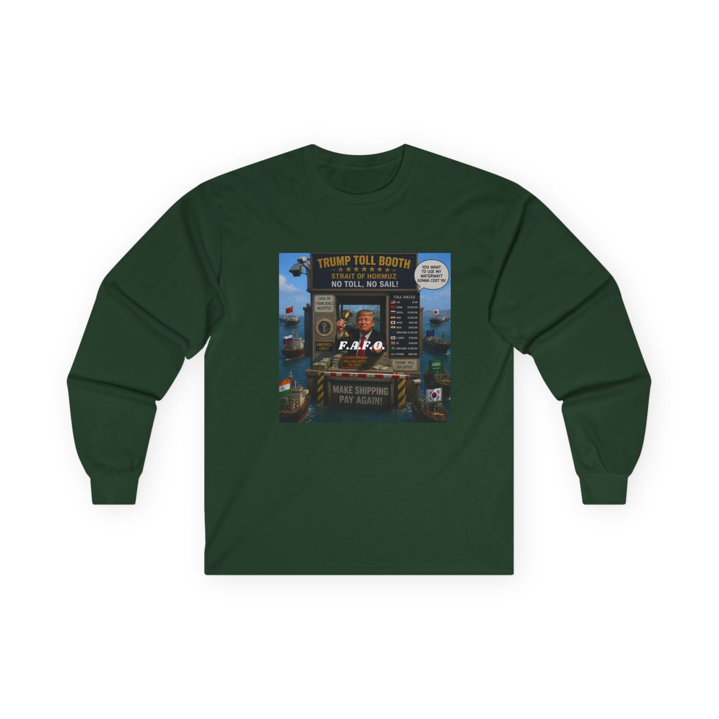Long Sleeve Tee — Retro Arcade Collage "Trump Toll Booth" Design