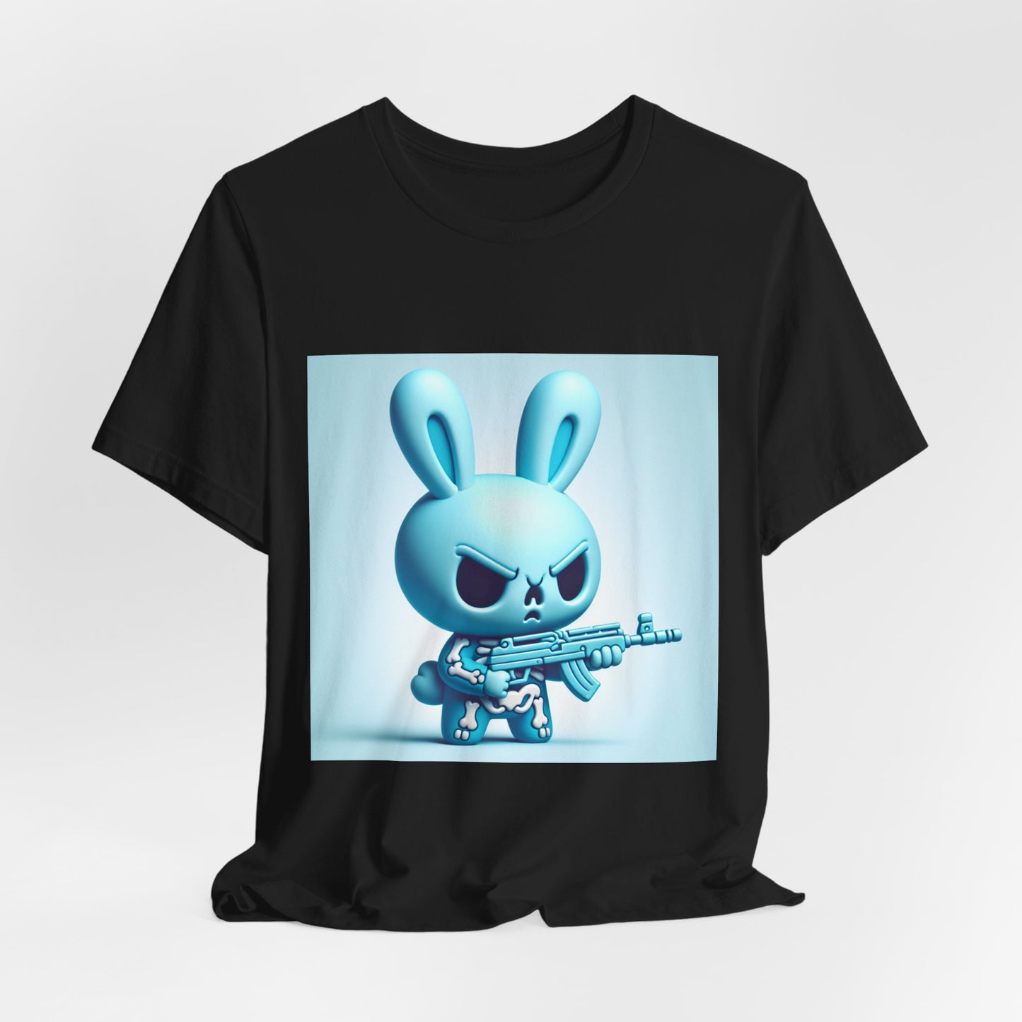 Angry Blue Bunny Tee — Cute Badass Cartoon Bunny with Rifle Graphic T-Shirt