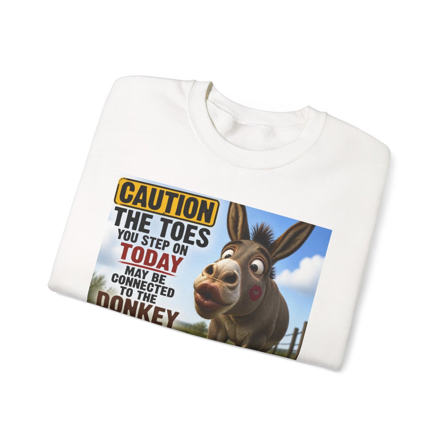 Donkey Kissing Joke Crewneck Sweatshirt – "Caution: The Toes" Graphic