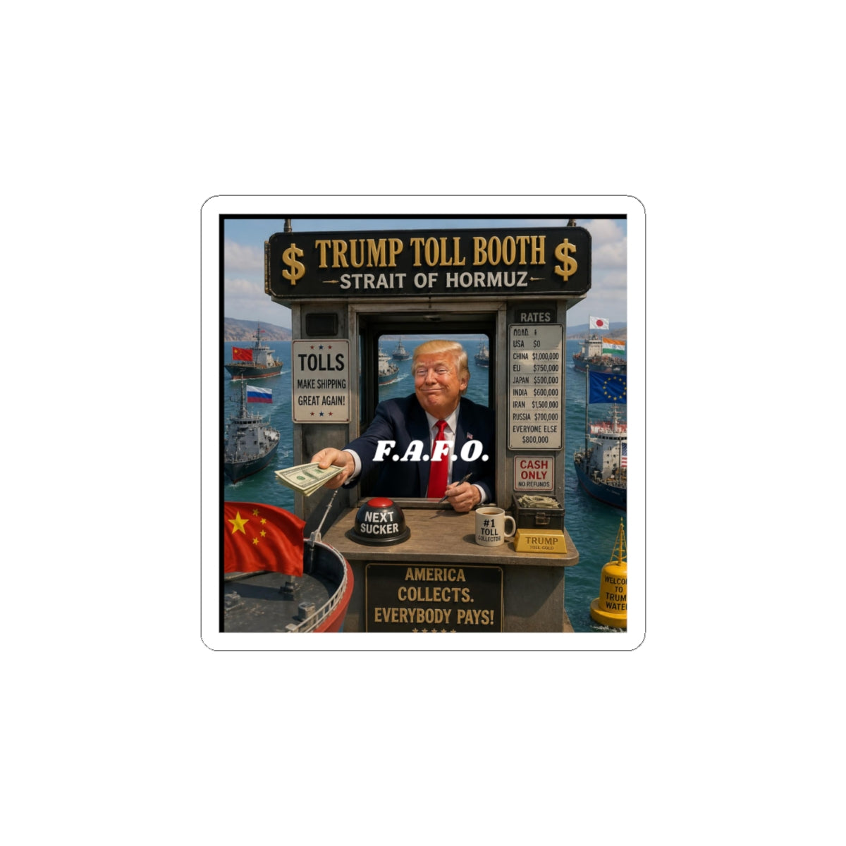 Political Sticker — "Trump Toll Booth: Strait of Hormuz" Kiss-Cut Sticker