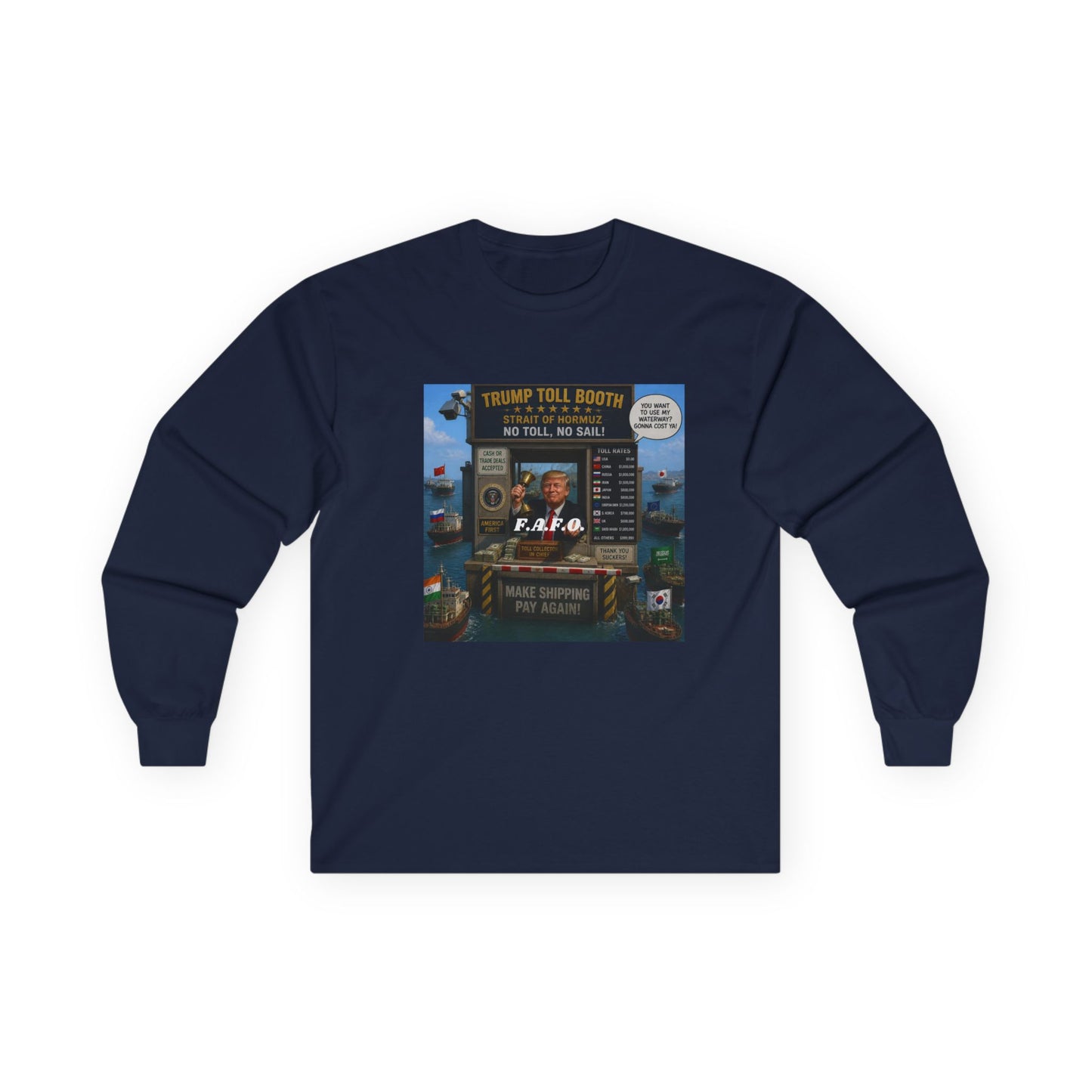 Long Sleeve Tee — Retro Arcade Collage "Trump Toll Booth" Design
