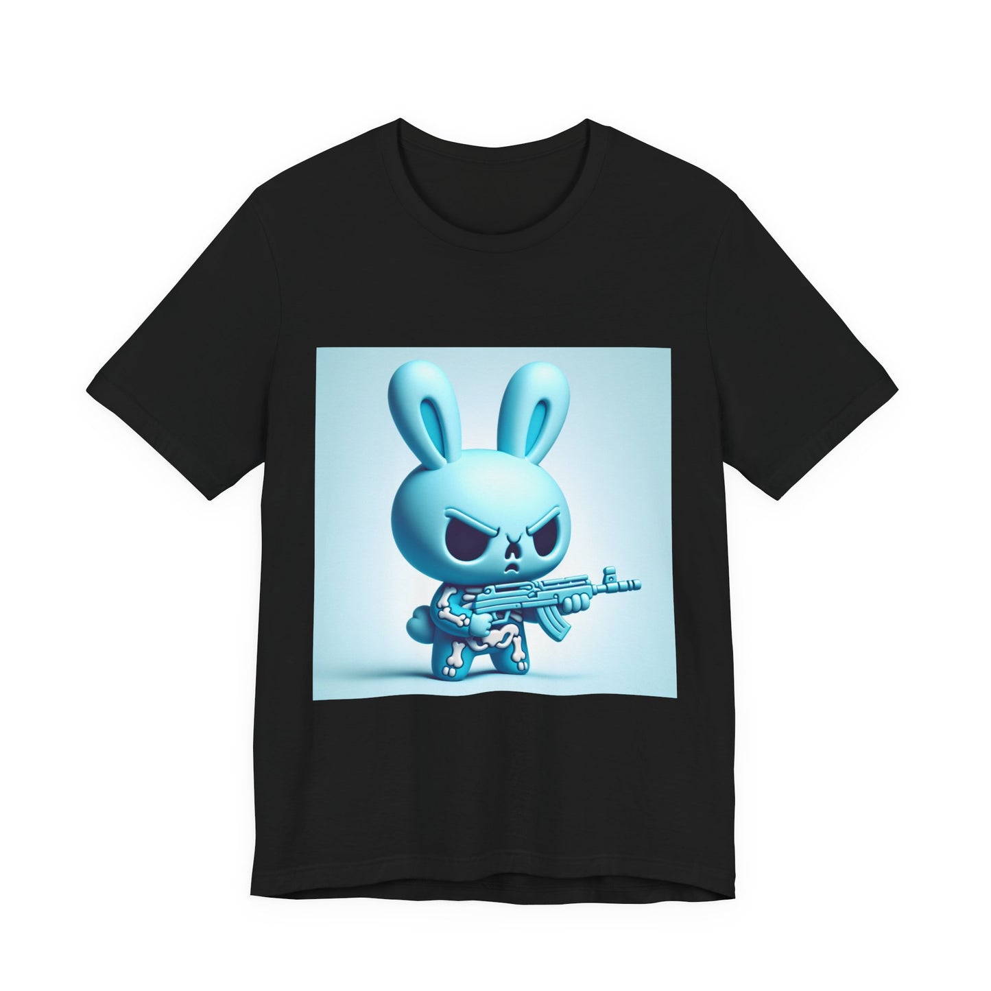 Angry Blue Bunny Tee — Cute Badass Cartoon Bunny with Rifle Graphic T-Shirt