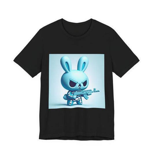 Angry Blue Bunny Tee — Cute Badass Cartoon Bunny with Rifle Graphic T-Shirt