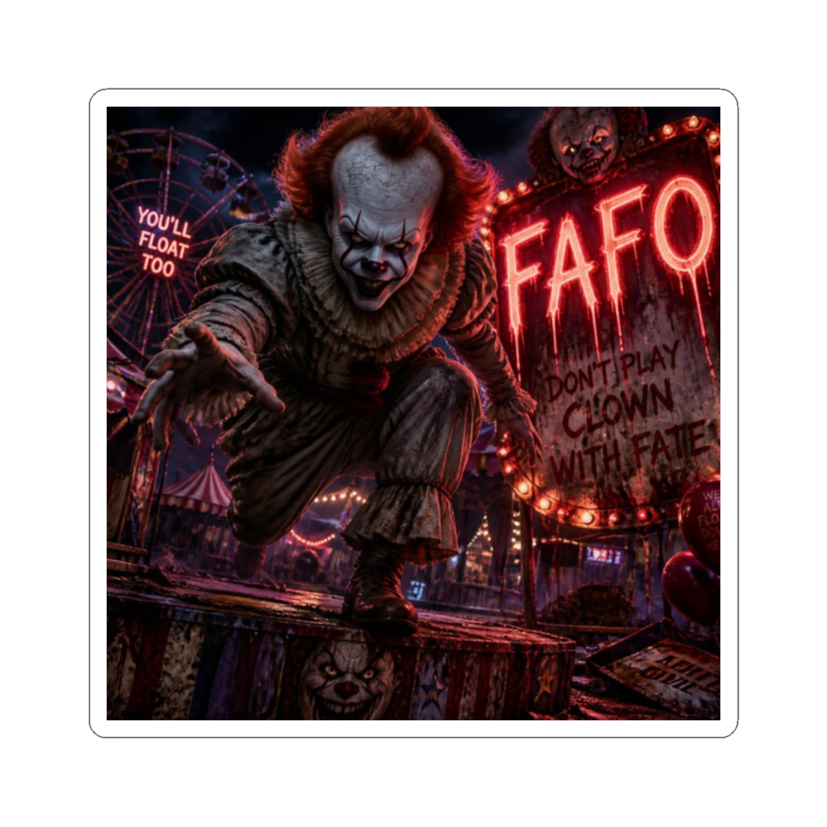 Horror Clown Kiss-Cut Sticker – 'You'll Float Too' Scary Carnival Decal