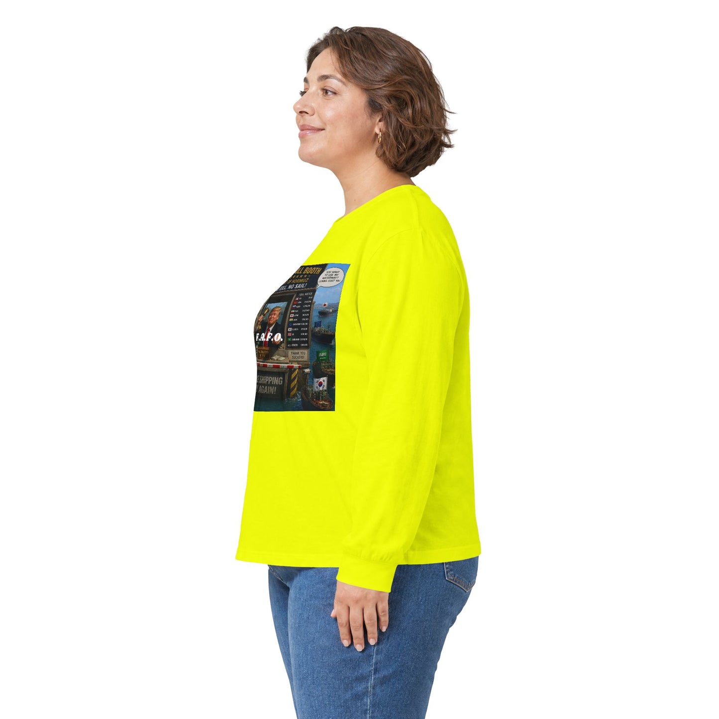 Long Sleeve Tee — Retro Arcade Collage "Trump Toll Booth" Design