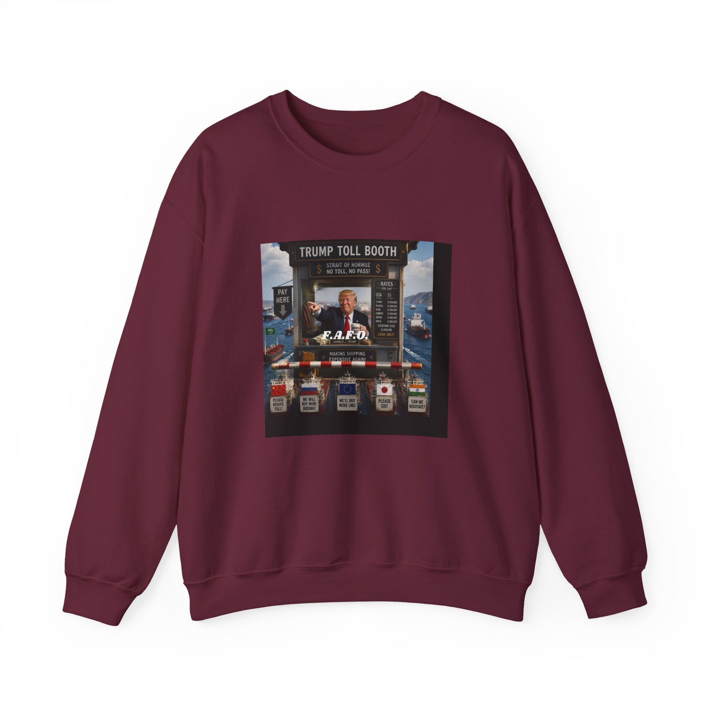 Political Satire Crewneck Sweatshirt — 'Trump Toll Booth' Graphic