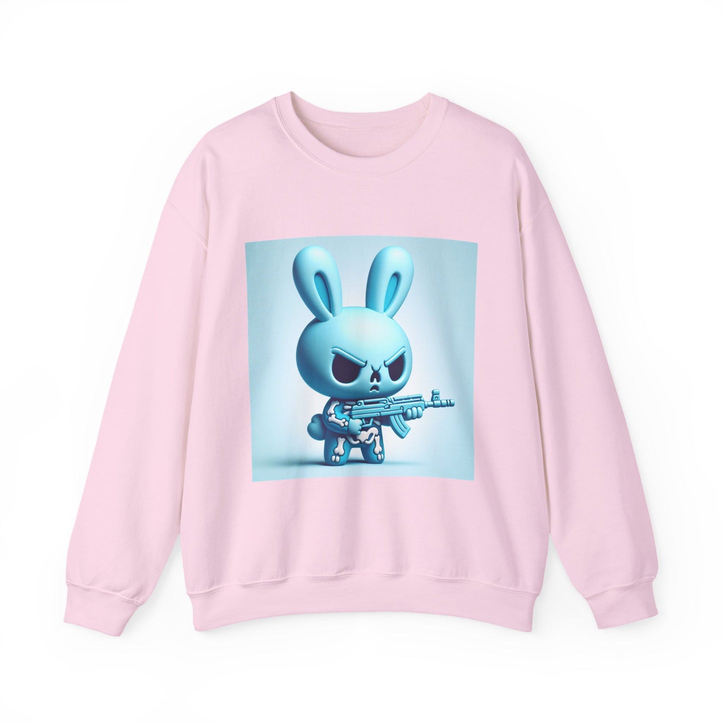 Bunny Soldier Crewneck Sweatshirt — Blue Cartoon Bunny with Rifle (The FAFO Society)