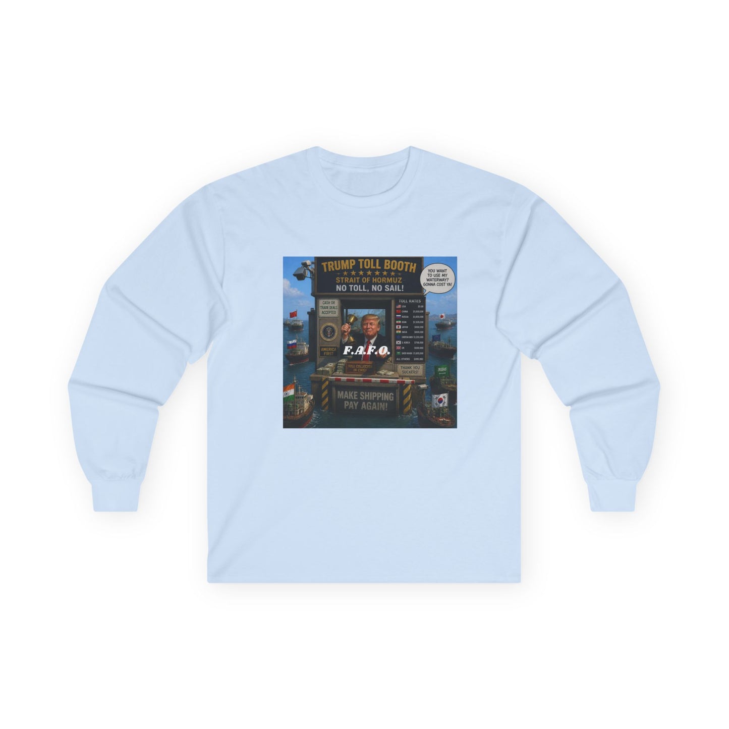Long Sleeve Tee — Retro Arcade Collage "Trump Toll Booth" Design