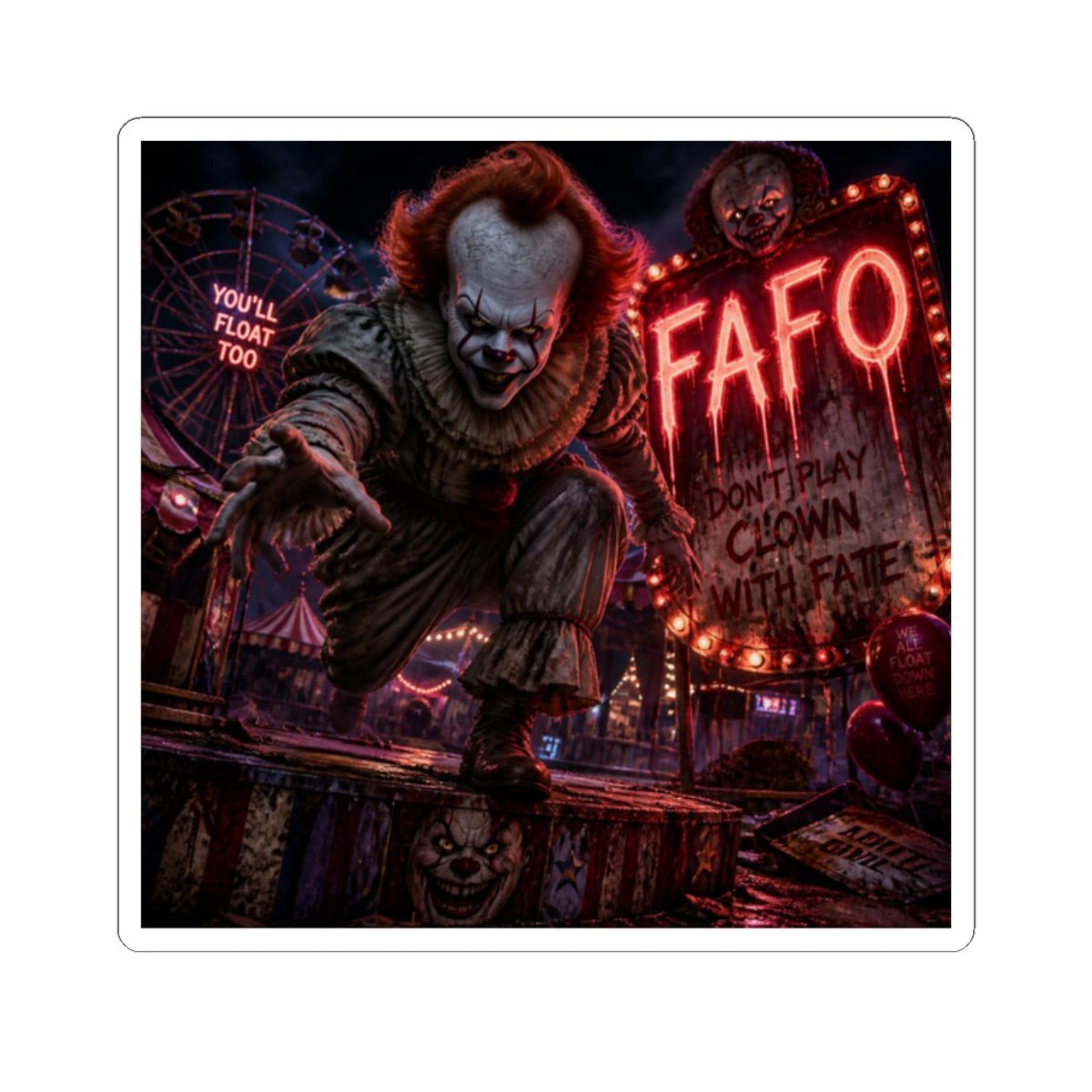 Horror Clown Kiss-Cut Sticker — "FAFO" Creepy Carnival Design