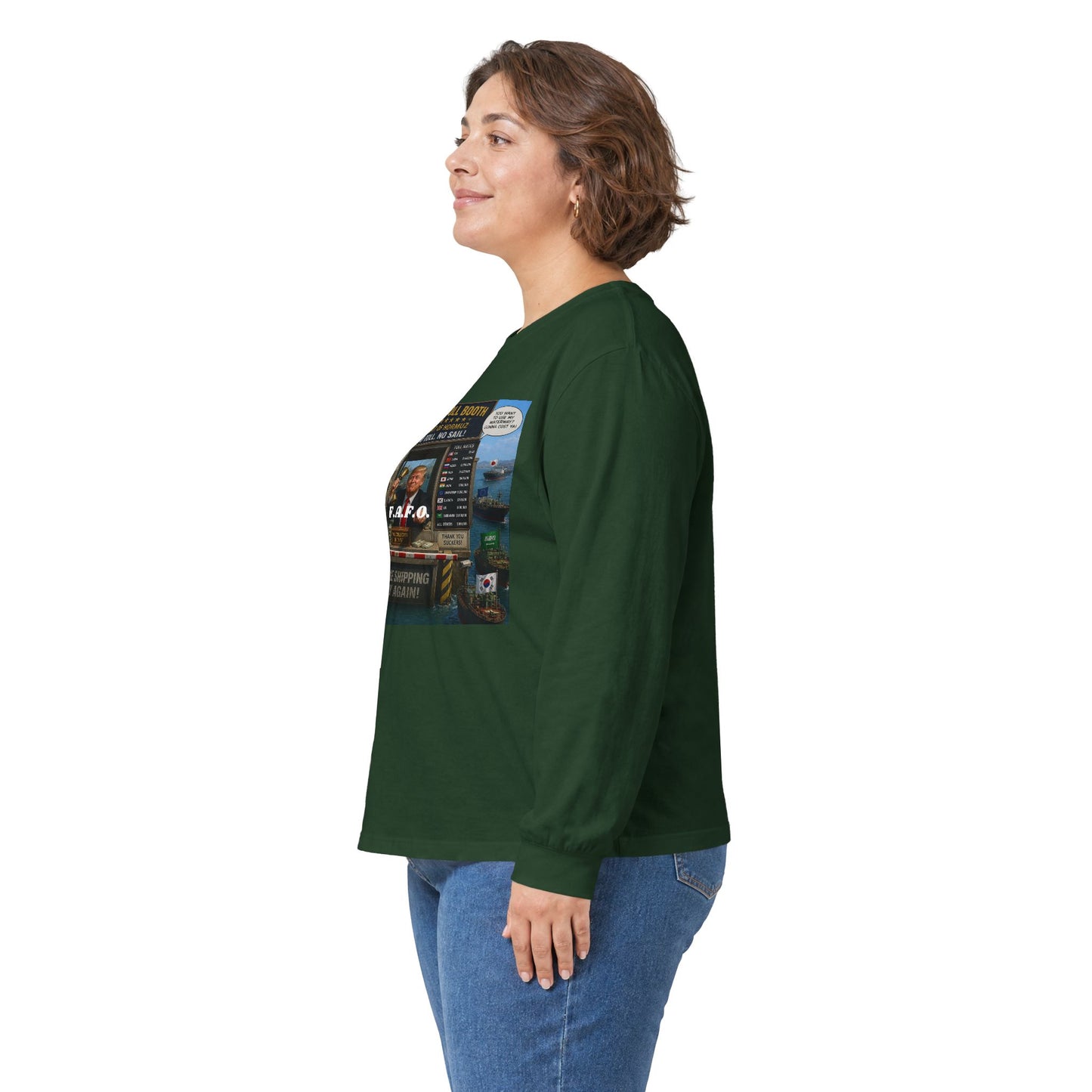 Long Sleeve Tee — Retro Arcade Collage "Trump Toll Booth" Design