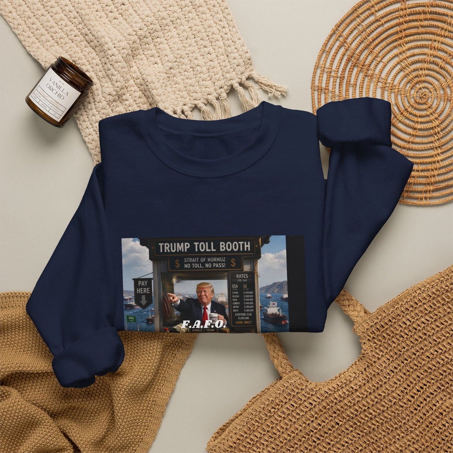 Political Satire Crewneck Sweatshirt — 'Trump Toll Booth' Graphic