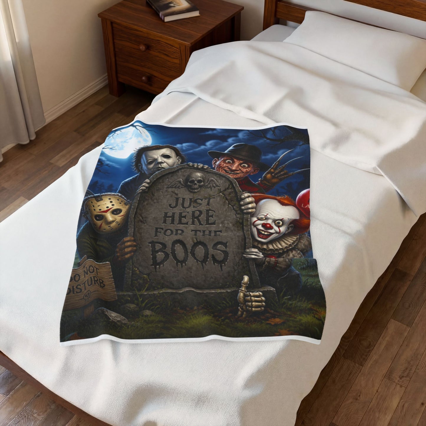 Plush Blanket — "Just Here for the Boos" Halloween Horror Graveyard Print