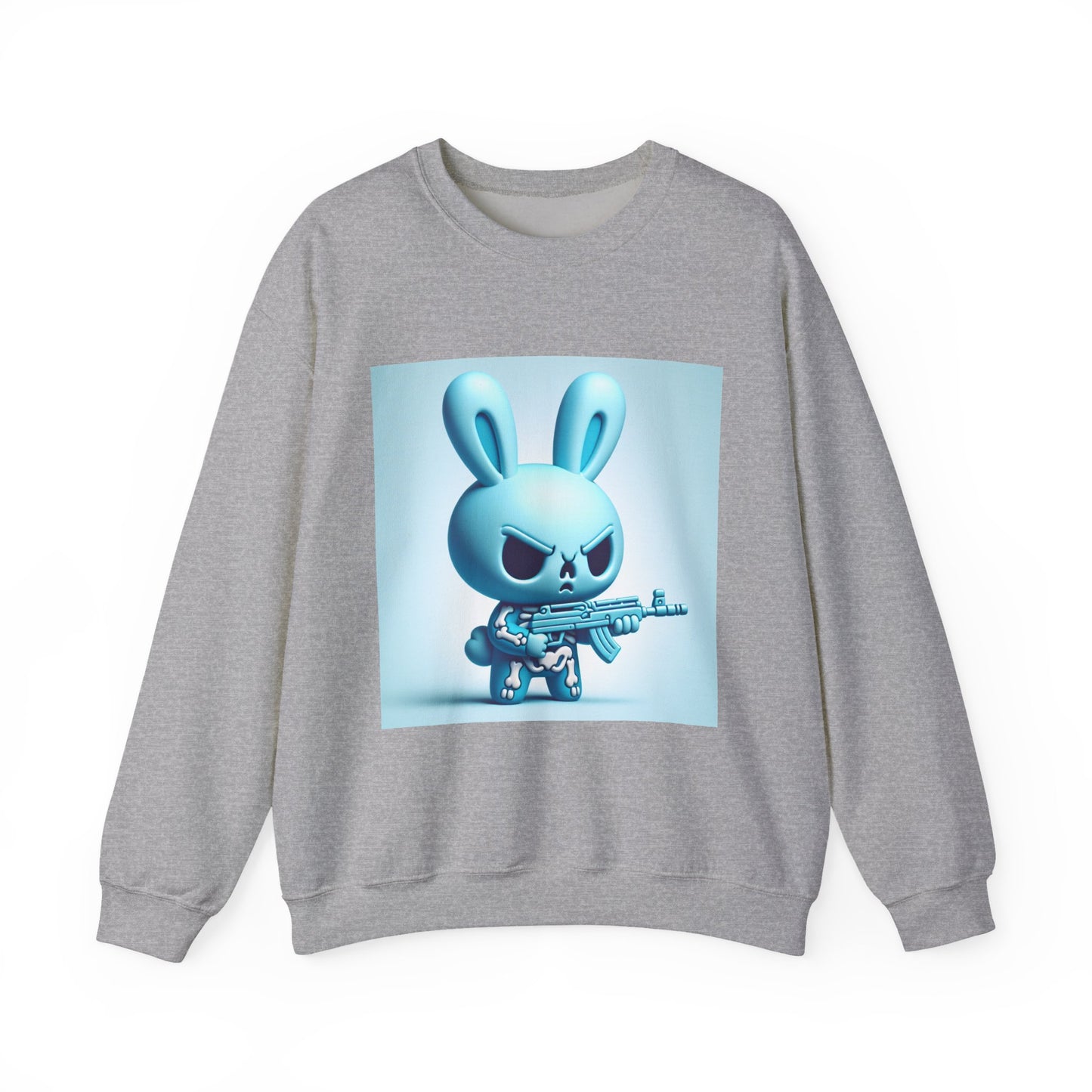 Bunny Soldier Crewneck Sweatshirt — Blue Cartoon Bunny with Rifle (The FAFO Society)