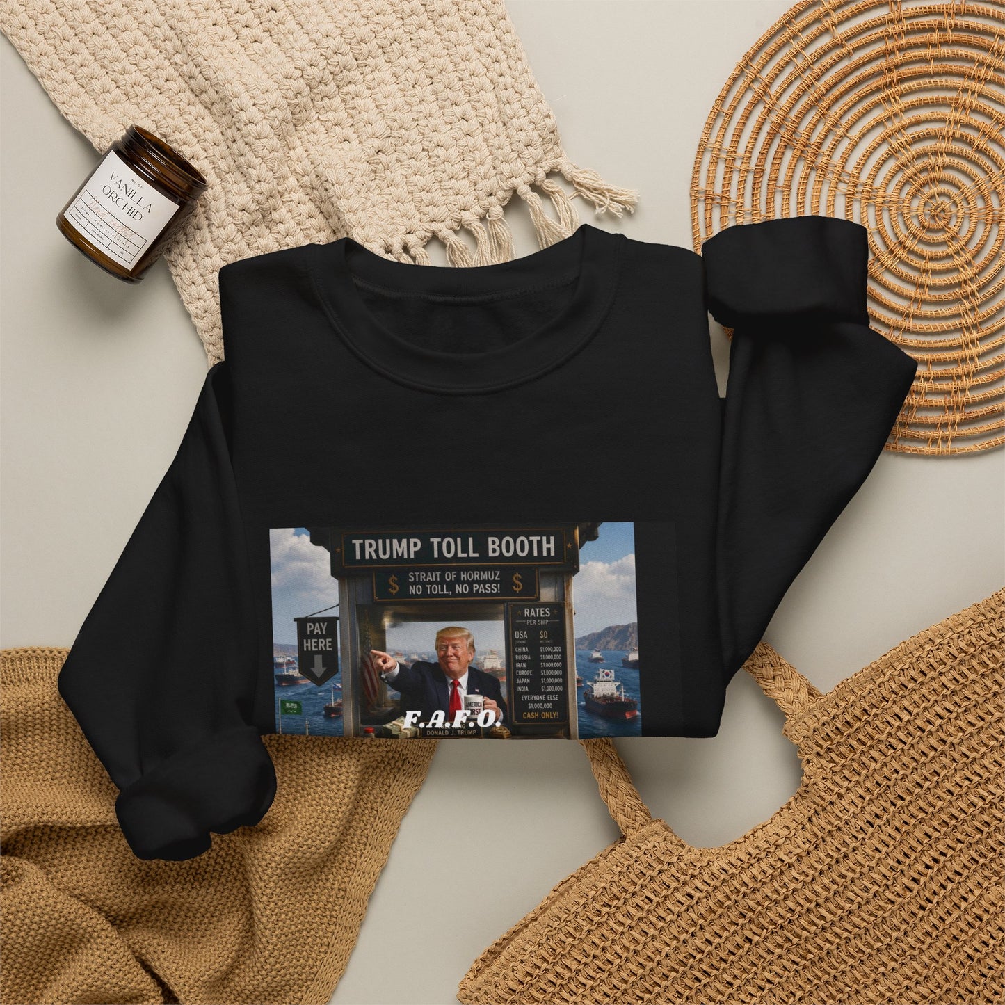 Political Satire Crewneck Sweatshirt — 'Trump Toll Booth' Graphic