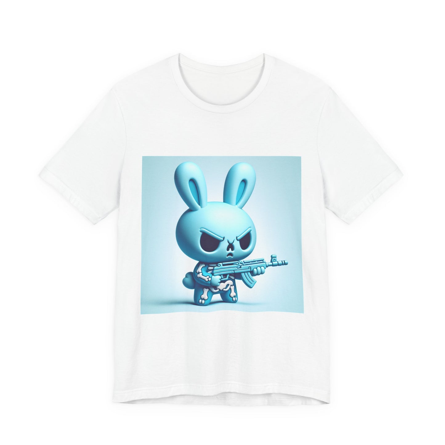 Angry Blue Bunny Tee — Cute Badass Cartoon Bunny with Rifle Graphic T-Shirt