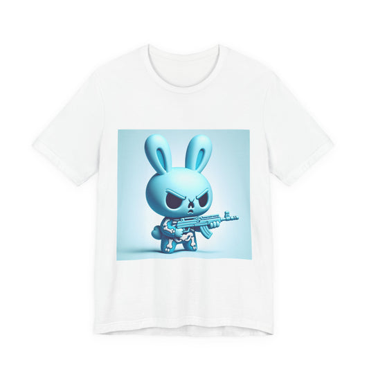 Angry Blue Bunny Tee — Cute Badass Cartoon Bunny with Rifle Graphic T-Shirt