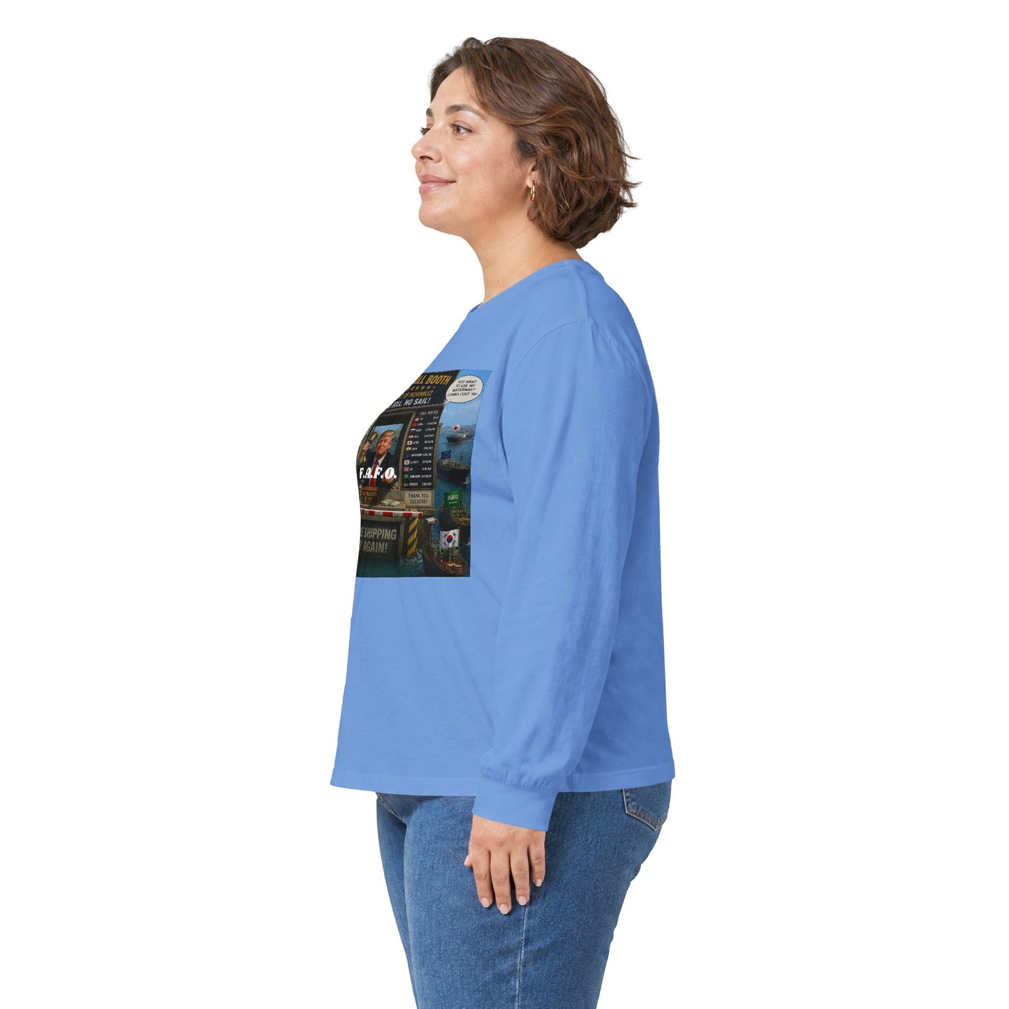 Long Sleeve Tee — Retro Arcade Collage "Trump Toll Booth" Design