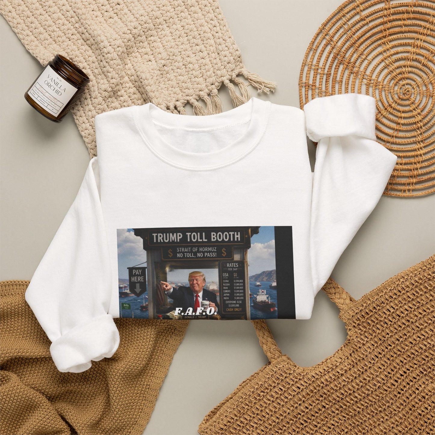 Political Satire Crewneck Sweatshirt — 'Trump Toll Booth' Graphic