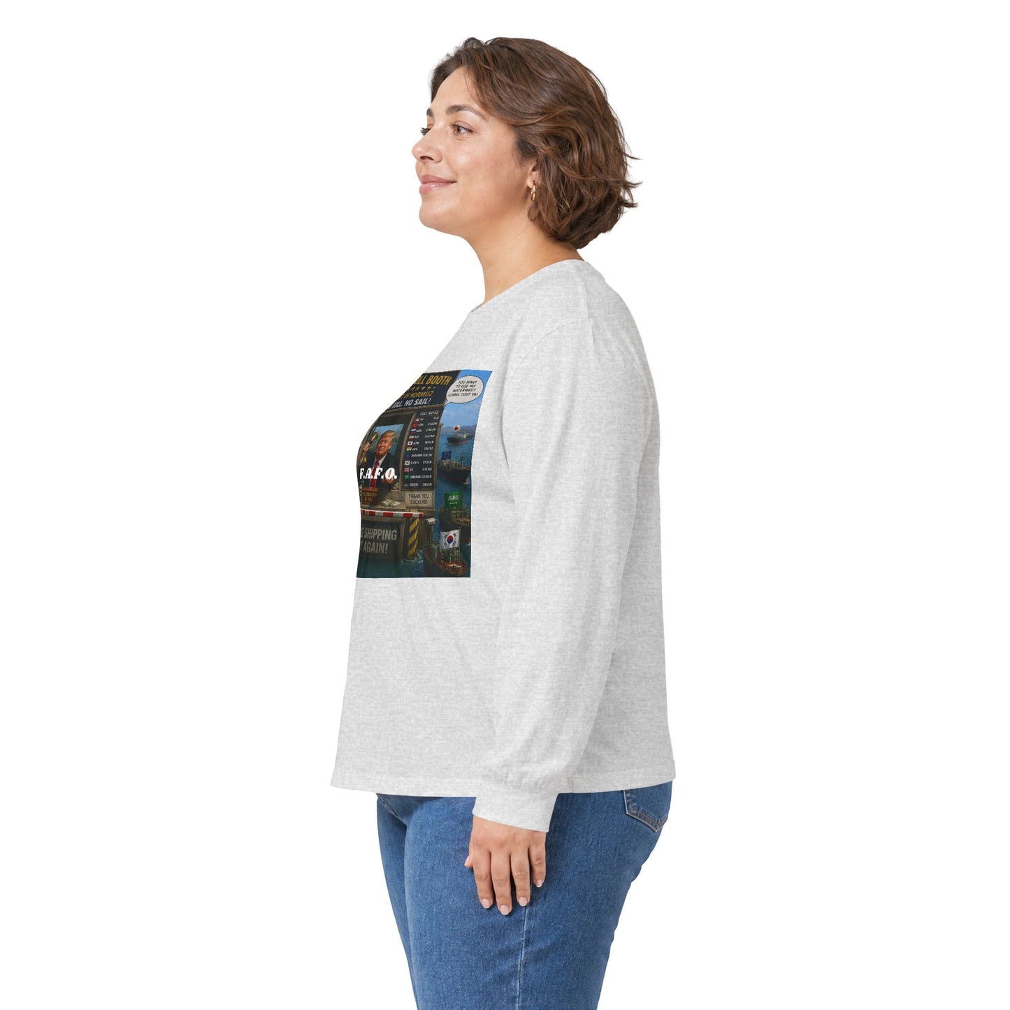 Long Sleeve Tee — Retro Arcade Collage "Trump Toll Booth" Design