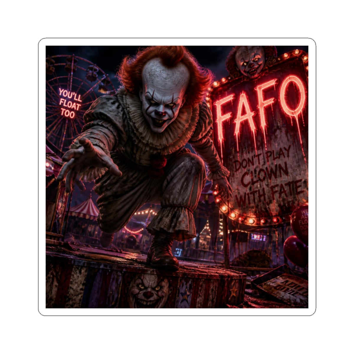 Horror Clown Kiss-Cut Sticker – 'You'll Float Too' Scary Carnival Decal
