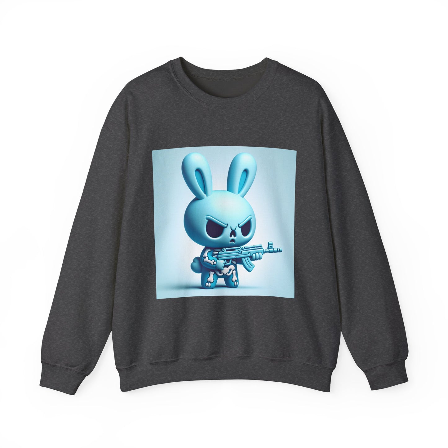 Bunny Soldier Crewneck Sweatshirt — Blue Cartoon Bunny with Rifle (The FAFO Society)