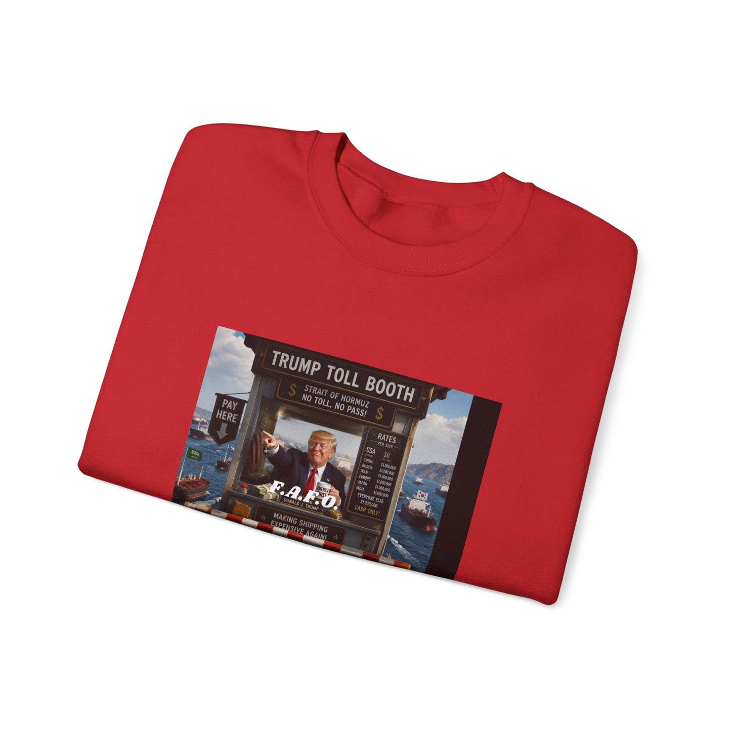 Political Satire Crewneck Sweatshirt — 'Trump Toll Booth' Graphic