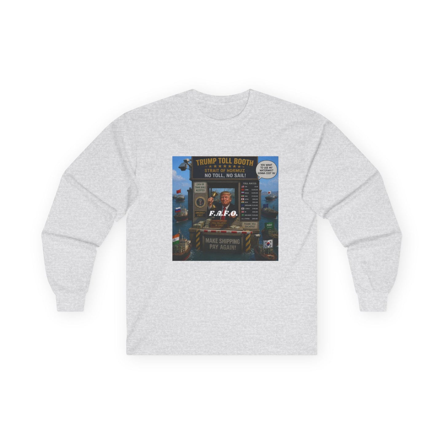 Long Sleeve Tee — Retro Arcade Collage "Trump Toll Booth" Design