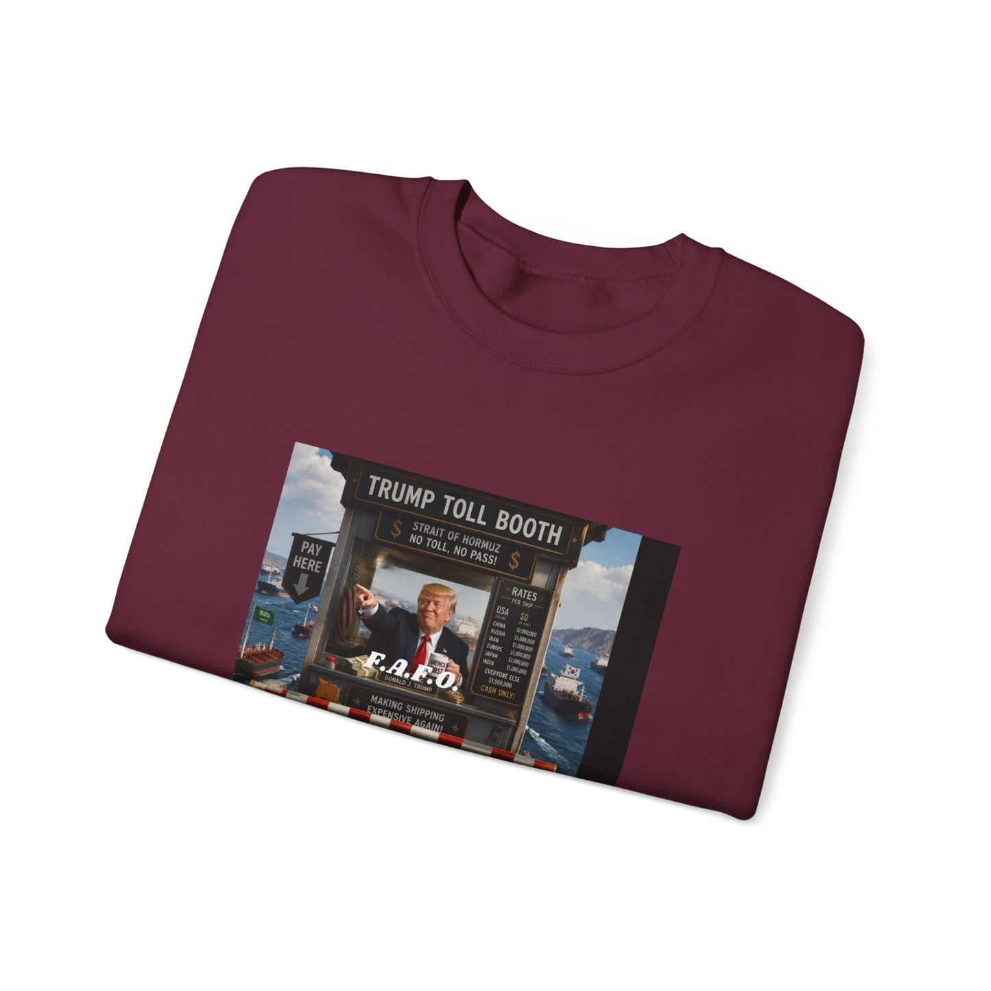 Political Satire Crewneck Sweatshirt — 'Trump Toll Booth' Graphic