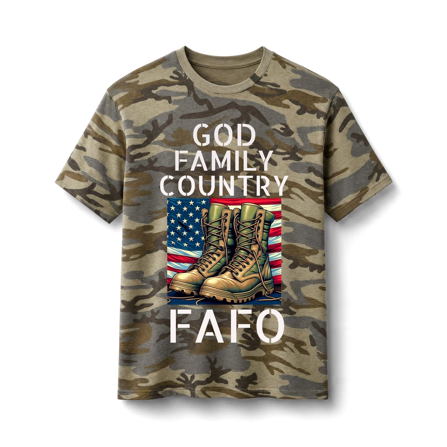 Camo T-Shirt — "God Family Country" Military Boots USA Flag (FAFO)