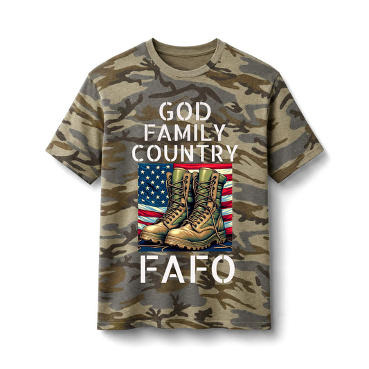 Camo T-Shirt — "God Family Country" Military Boots USA Flag (FAFO)