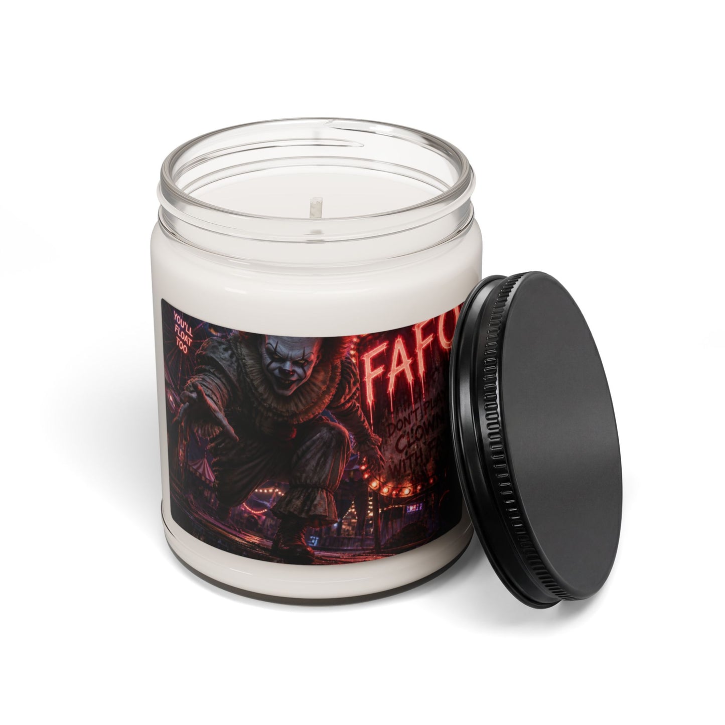 Horror Clown Soy Candle — 9oz Scented Jar (FAFO Neon Carnival Design)