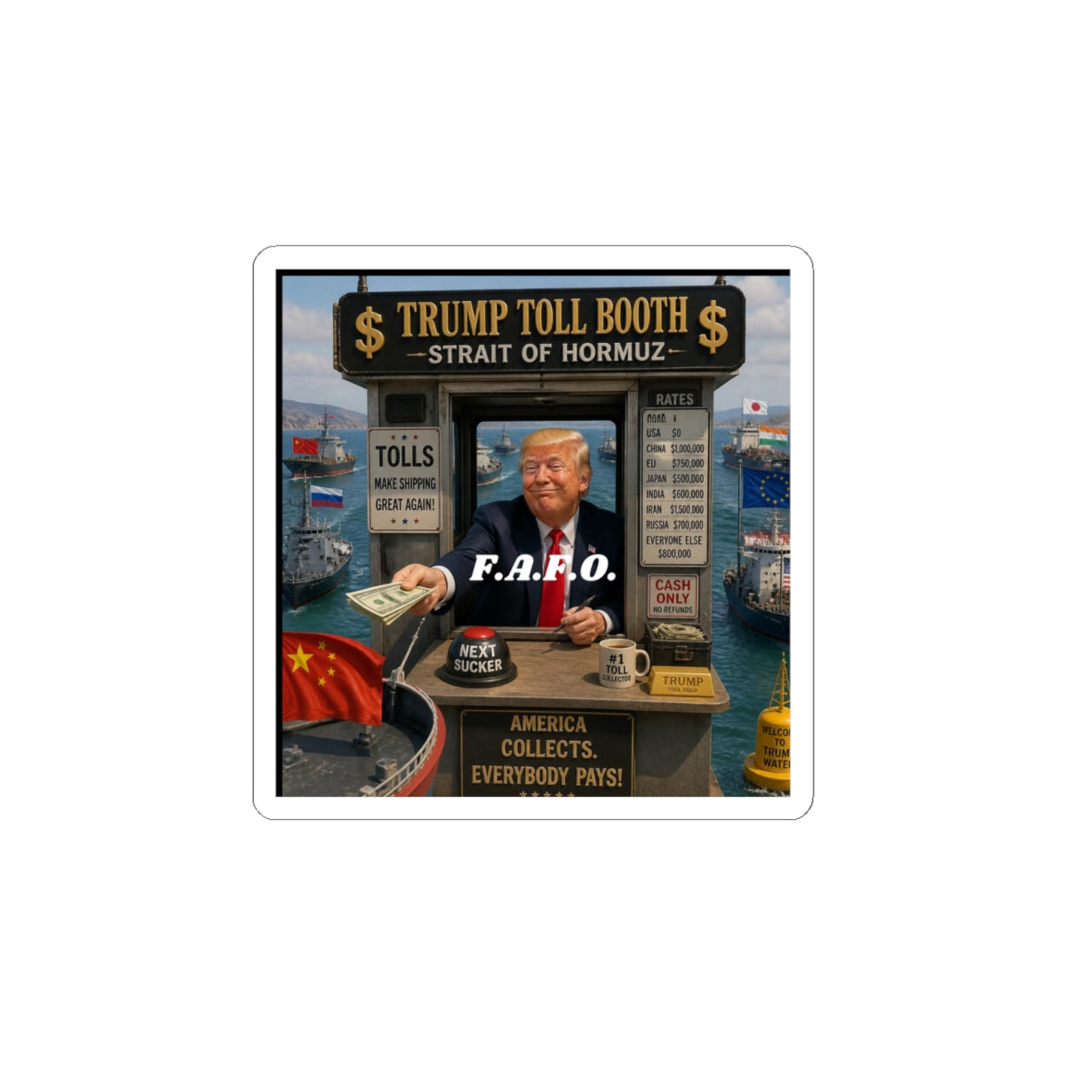 Political Sticker — "Trump Toll Booth: Strait of Hormuz" Kiss-Cut Sticker