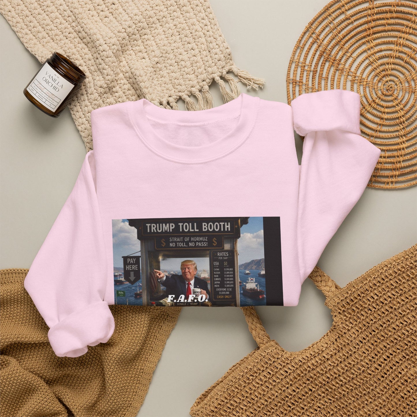 Political Satire Crewneck Sweatshirt — 'Trump Toll Booth' Graphic