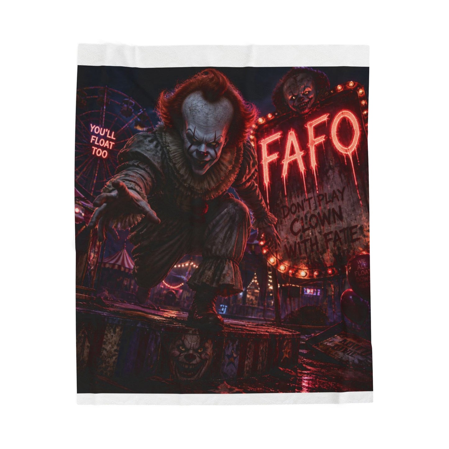 Horror Clown Velveteen Plush Blanket - "You'll Float Too" Creepy Carnival Throw
