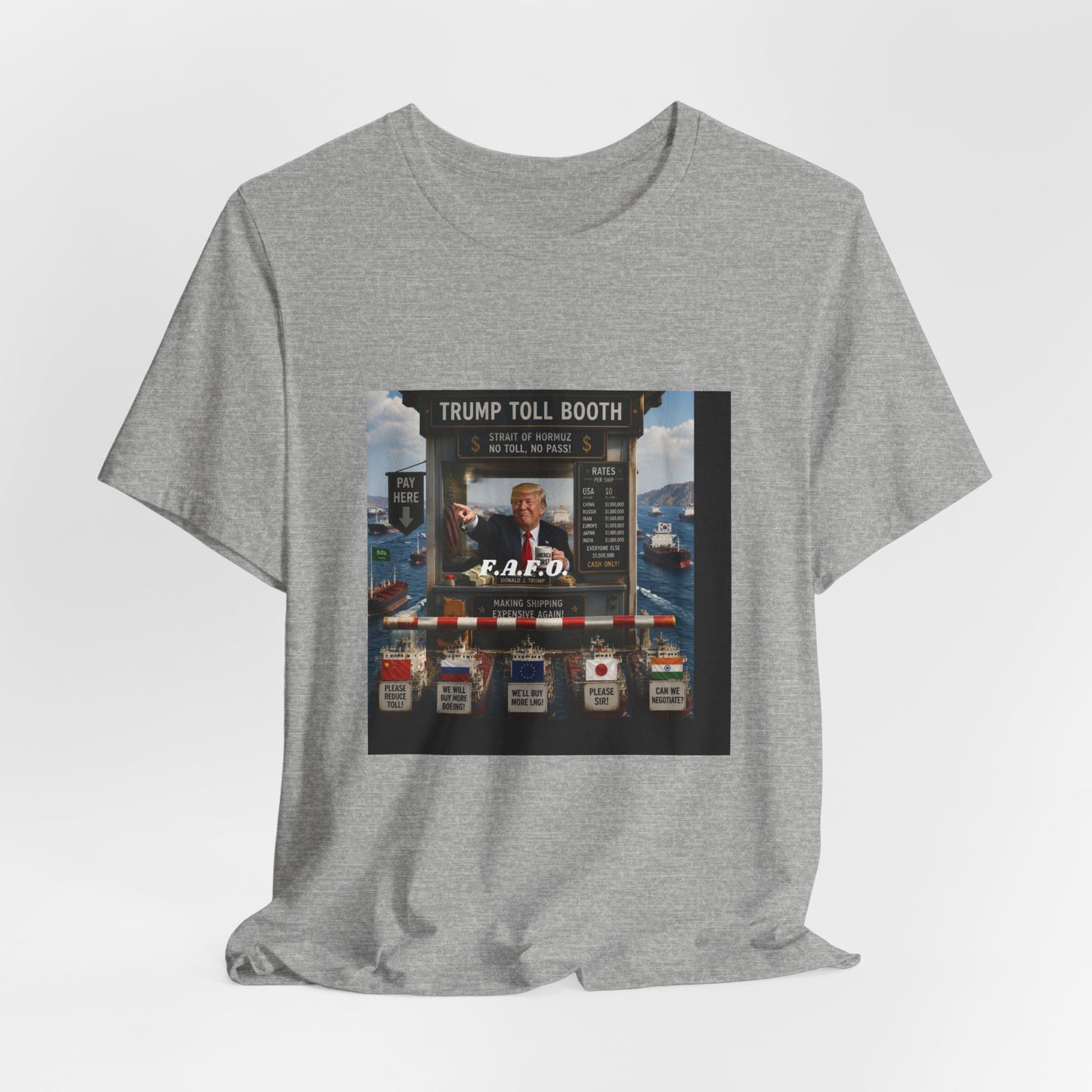 Trump Toll Booth Graphic Tee — Political Satire Short Sleeve Shirt