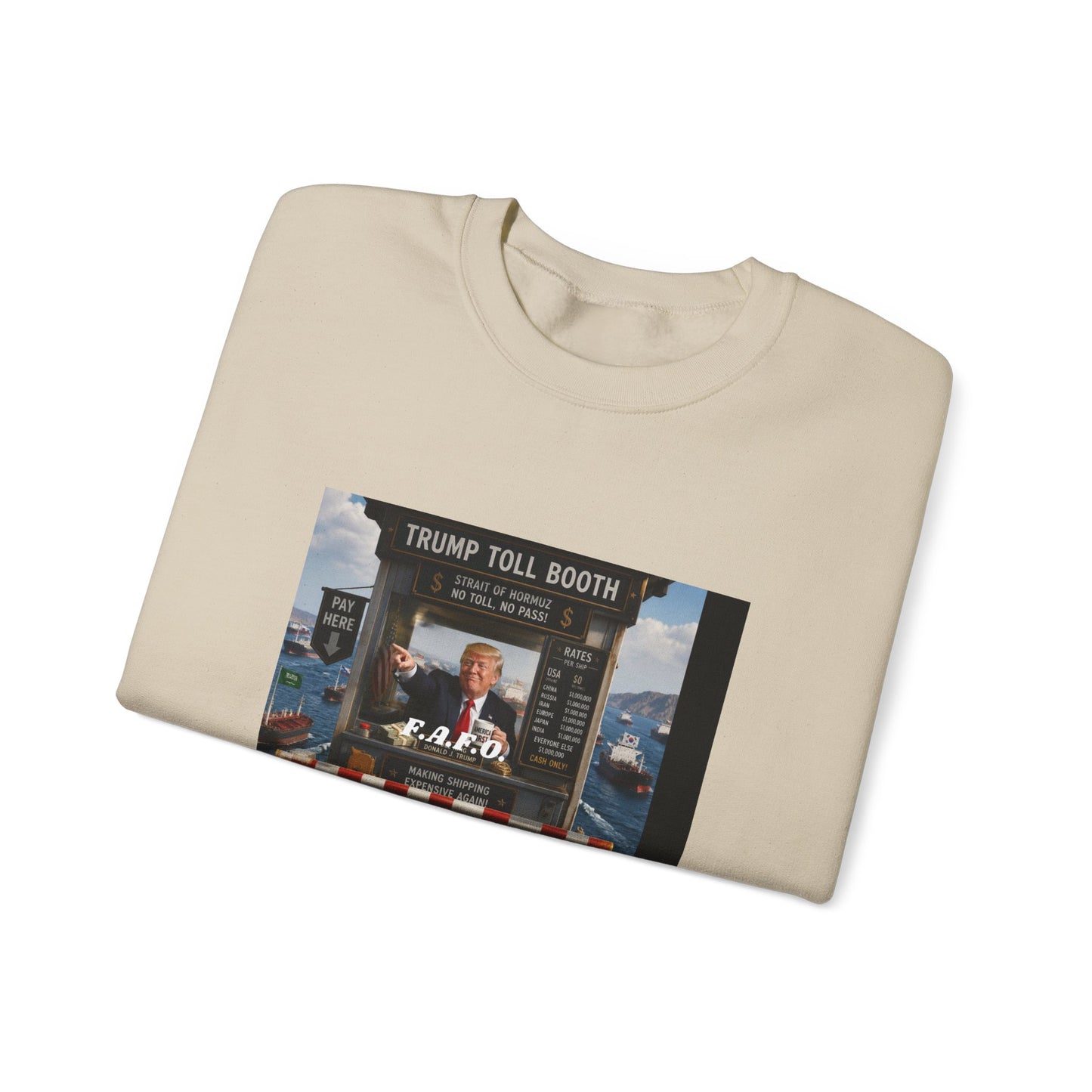Political Satire Crewneck Sweatshirt — 'Trump Toll Booth' Graphic