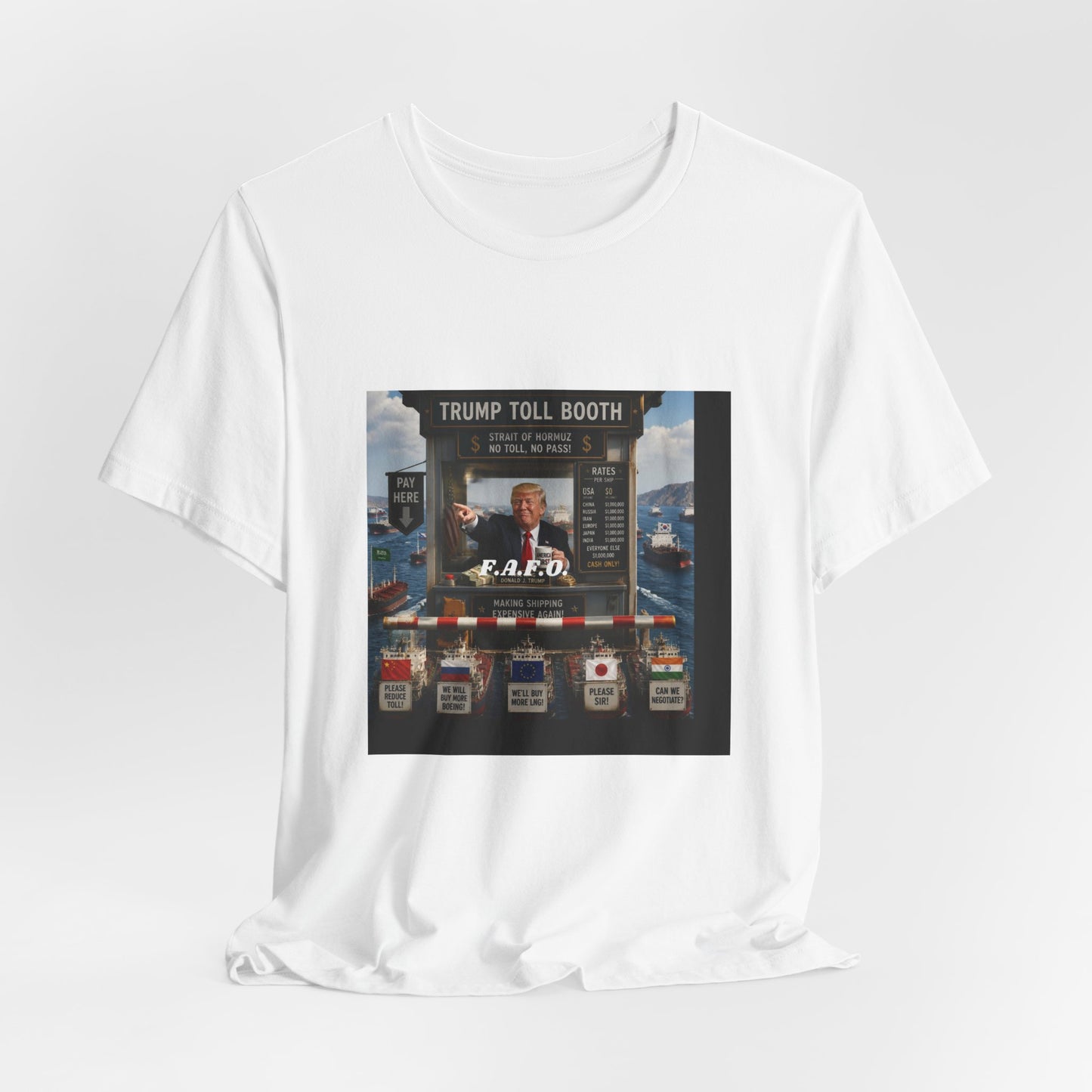 Trump Toll Booth Graphic Tee — Political Satire Short Sleeve Shirt