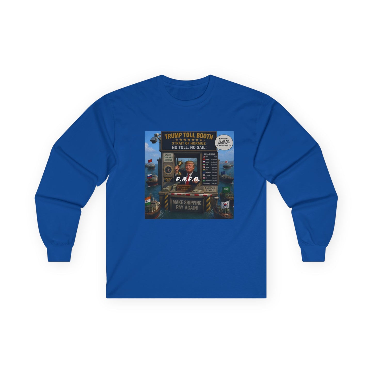 Long Sleeve Tee — Retro Arcade Collage "Trump Toll Booth" Design